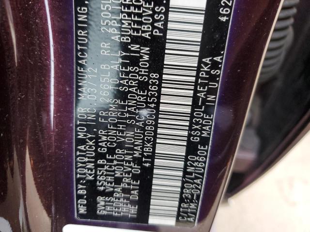 4T1BK3DB9CU453638 - 2012 TOYOTA AVALON BASE 勃艮第红 照片 13