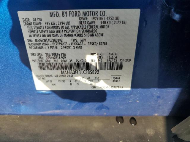 MAJ6S3FL1LC385892 - 2020 FORD ECOSPORT S BLUE photo 13