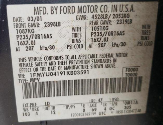 1FMYU04191KB03591 - 2001 FORD ESCAPE XLT BLUE photo 13