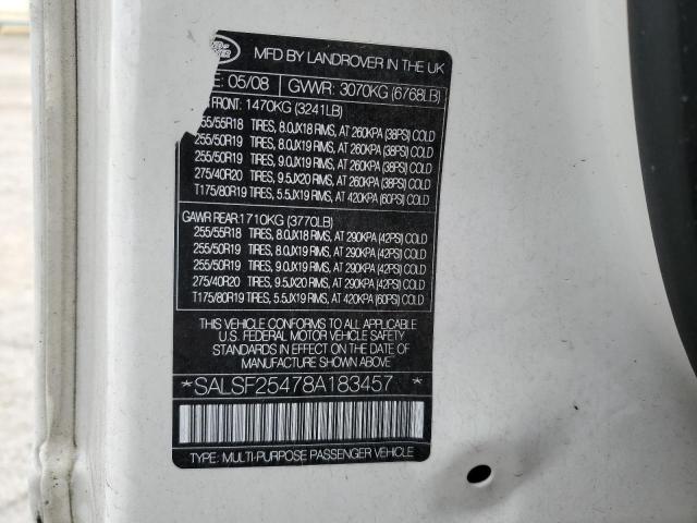SALSF25478A183457 - 2008 LAND ROVER RANGE ROVE HSE WHITE photo 13