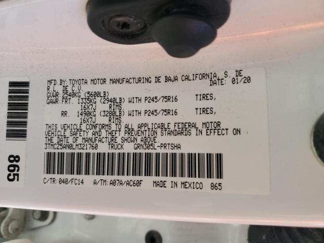 3TMCZ5AN0LM321760 - 2020 TOYOTA TACOMA DOUBLE CAB WHITE photo 12