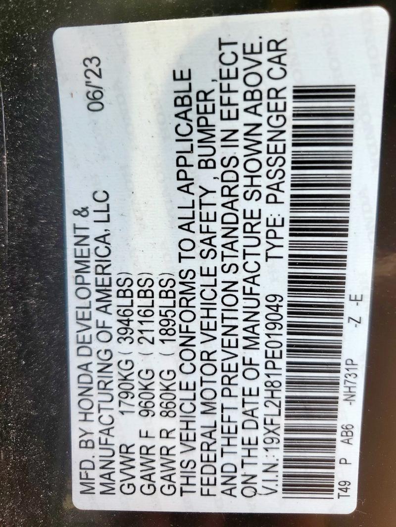 19XFL2H81PE019049 - 2023 HONDA CIVIC SPORT BLACK photo 12