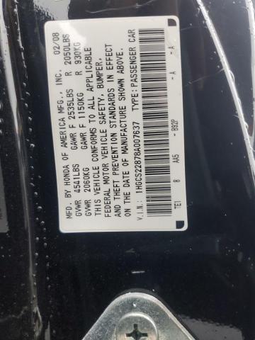 1HGCS22878A007637 - 2008 HONDA ACCORD EXL BLACK photo 12
