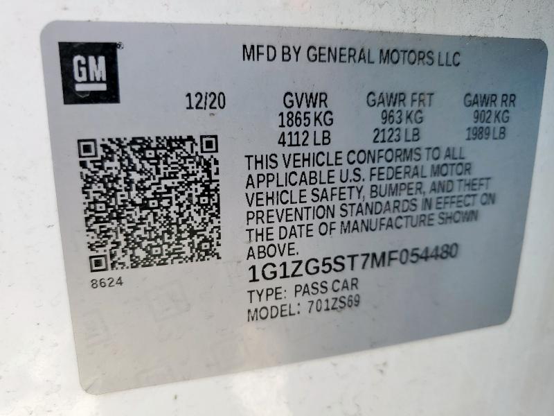 1G1ZG5ST7MF054480 - 2021 CHEVROLET MALIBU RS 白色 照片 12