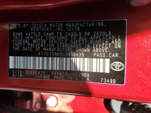 4T1C11AKXLU910439 - 2020 TOYOTA CAMRY LE Qırmızı foto 12