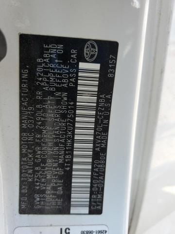 4T1B11HK3KU775014 - 2019 TOYOTA CAMRY L WHITE photo 12
