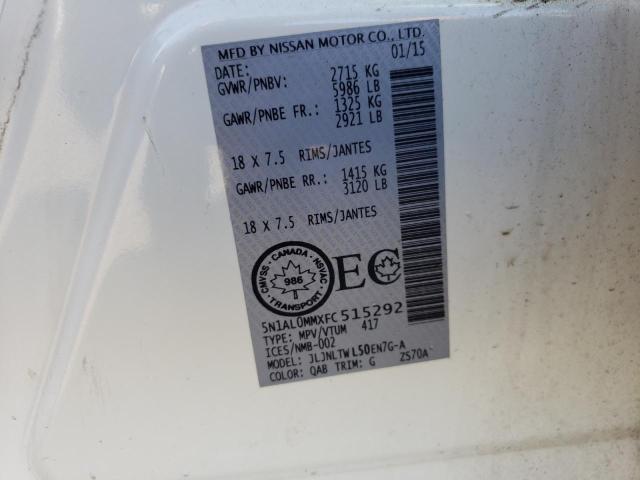 5N1AL0MMXFC515292 - 2015 INFINITI QX60 WHITE photo 14