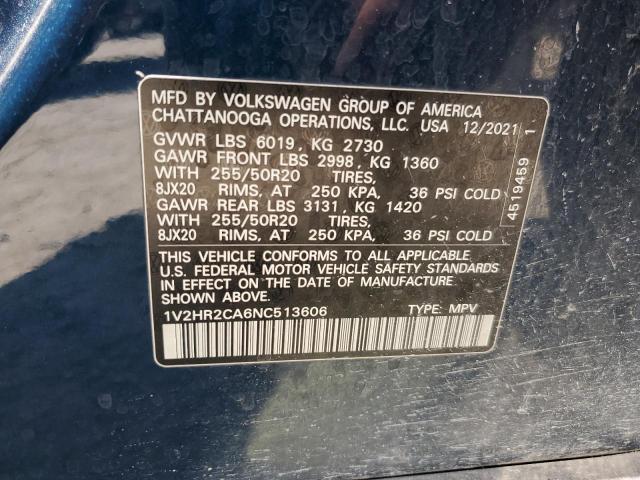 1V2HR2CA6NC513606 - 2022 VOLKSWAGEN ATLAS SE Niebieski zdjęcie 13
