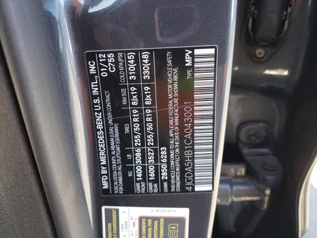 4JGDA5HB1CA043001 - 2012 MERCEDES-BENZ ML 350 4MATIC GRAY photo 12