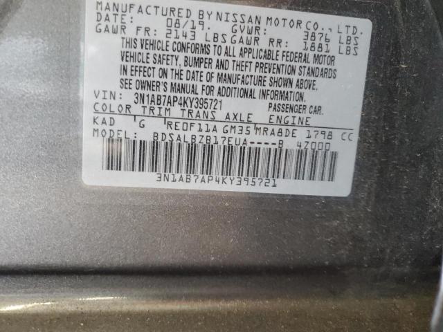 3N1AB7AP4KY395721 - 2019 NISSAN SENTRA S 灰色 照片 12