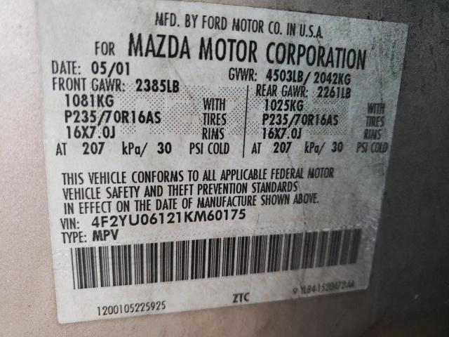 4F2YU06121KM60175 - 2001 MAZDA TRIBUTE DX SILVER photo 13