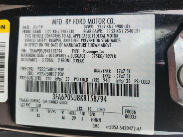 3FA6P0SU8KR158794 - 2019 FORD FUSION TITANIUM 黑色 照片 12