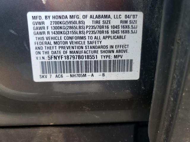 5FNYF18797B018551 - 2007 HONDA PILOT EXL GRAY photo 12