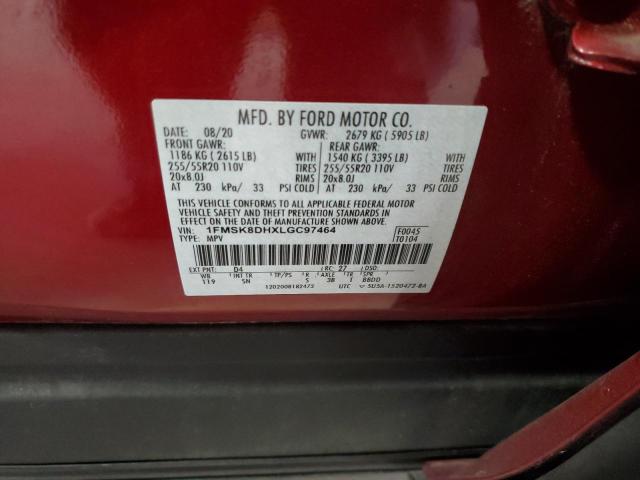 1FMSK8DHXLGC97464 - 2020 FORD EXPLORER XLT RED photo 13