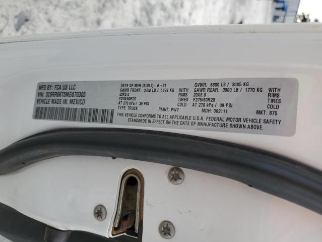 3C6RR6KT5MG670305 - 2021 RAM 1500 CLASSIC TRADESMAN თეთრი ფოტო 12