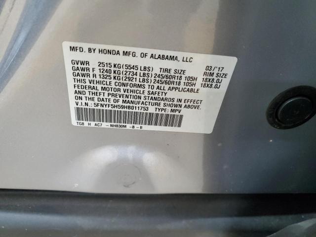 5FNYF5H59HB011753 - 2017 HONDA PILOT EXL SILVER photo 14