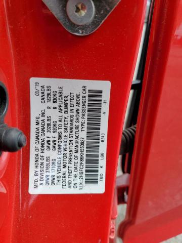 2HGFC2F86KH550927 - 2019 HONDA CIVIC SPORT 红色 照片 12