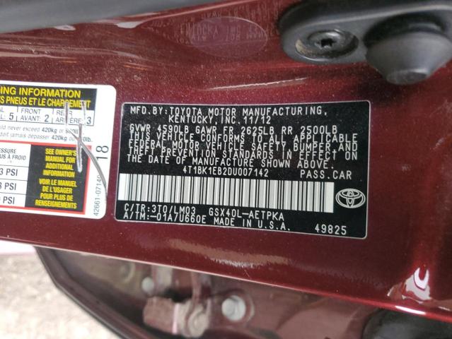 4T1BK1EB2DU007142 - 2013 TOYOTA AVALON BASE 勃艮第红 照片 12