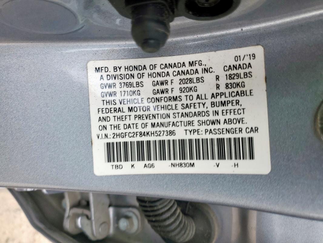 2HGFC2F84KH527386 - 2019 HONDA CIVIC SPORT Grau Foto 12