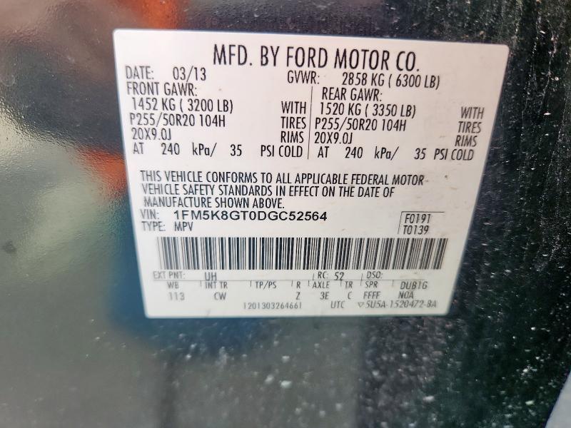 1FM5K8GT0DGC52564 - 2013 FORD EXPLORER SPORT Қара фото 13