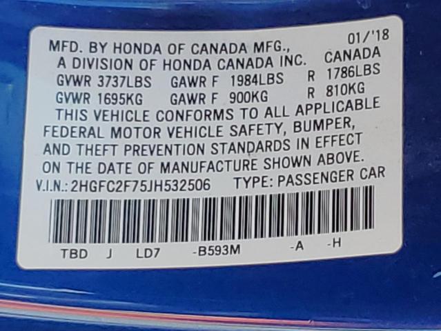 2HGFC2F75JH532506 - 2018 HONDA CIVIC EX BLUE photo 13