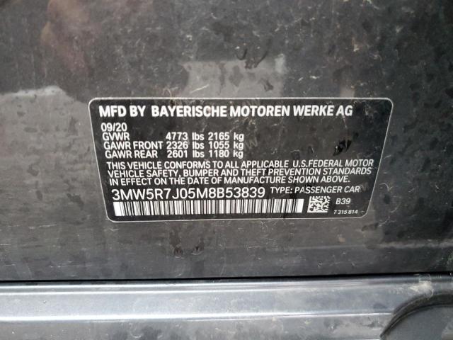 3MW5R7J05M8B53839 - 2021 BMW 330XI GRAY photo 12