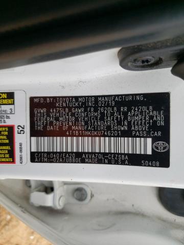 4T1B11HK0KU746201 - 2019 TOYOTA CAMRY L 白色 照片 12