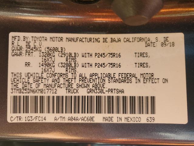 3TMBZ5DN6KM017712 - 2019 TOYOTA TACOMA DOUBLE CAB Siyah fotoğraf 12