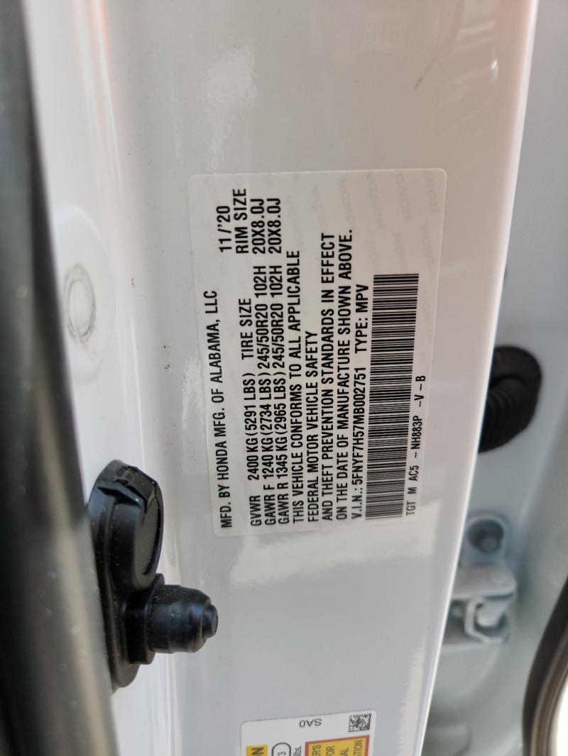 5FNYF7H57MB002751 - 2021 HONDA PASSPORT EXL Weiß Foto 12