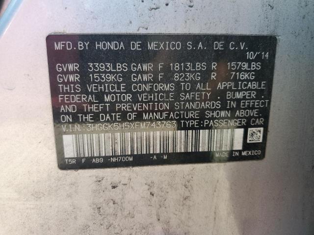 3HGGK5H5XFM743763 - 2015 HONDA FIT LX 银色 照片 12