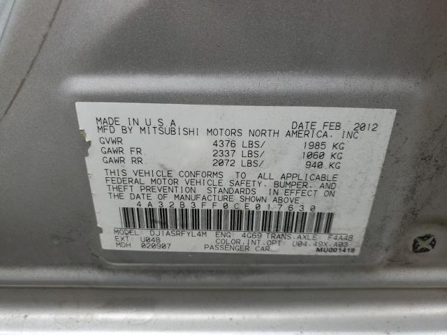 4A32B3FF0CE017630 - 2012 MITSUBISHI GALANT ES GRAY photo 12