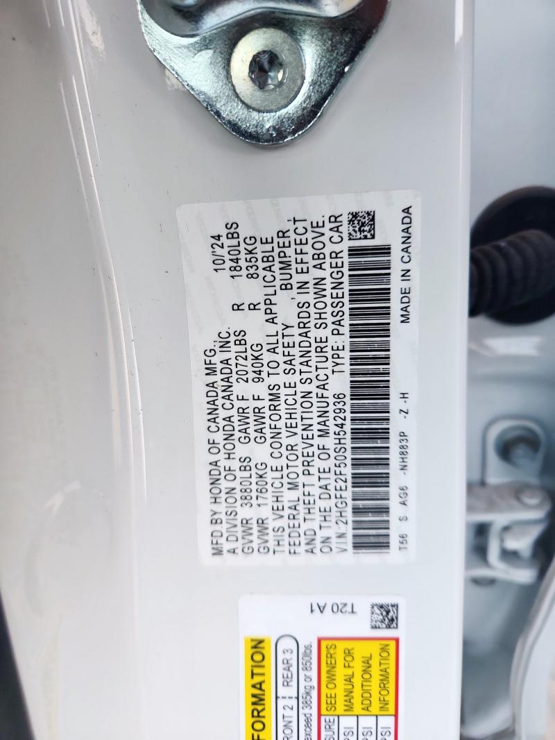 2HGFE2F50SH542936 - 2025 HONDA CIVIC SPORT 白色 照片 12