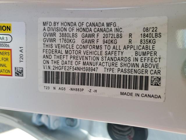 2HGFE2F54NH598947 - 2022 HONDA CIVIC SPORT 白色 照片 12