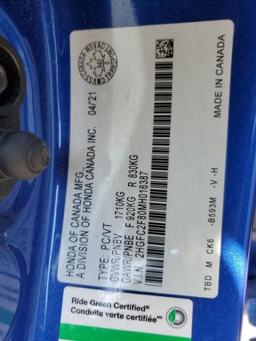 2HGFC2F80MH016387 - 2021 HONDA CIVIC SPORT BLUE photo 13