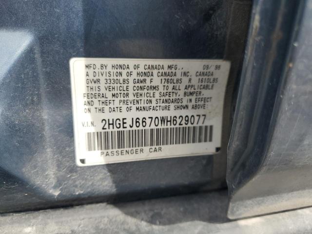 2HGEJ6670WH629077 - 1998 HONDA CIVIC LX BLUE photo 12