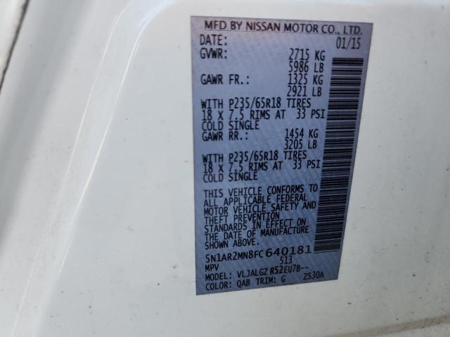 5N1AR2MN8FC640181 - 2015 NISSAN PATHFINDER S WHITE photo 13