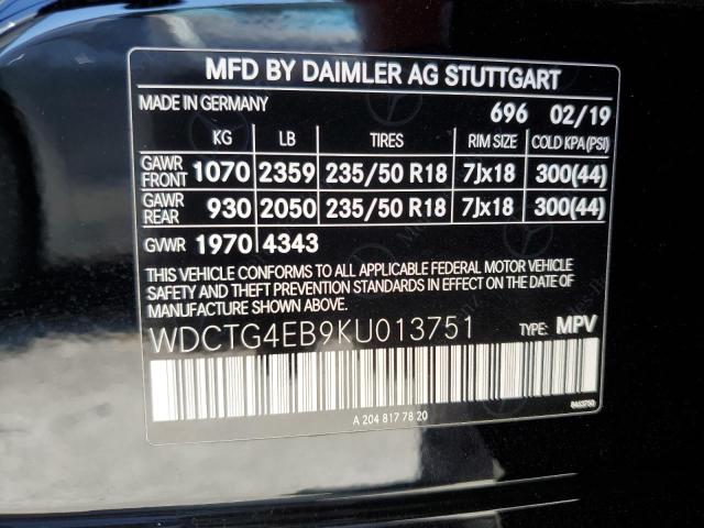 WDCTG4EB9KU013751 - 2019 MERCEDES-BENZ GLA 250 Черный фото 13