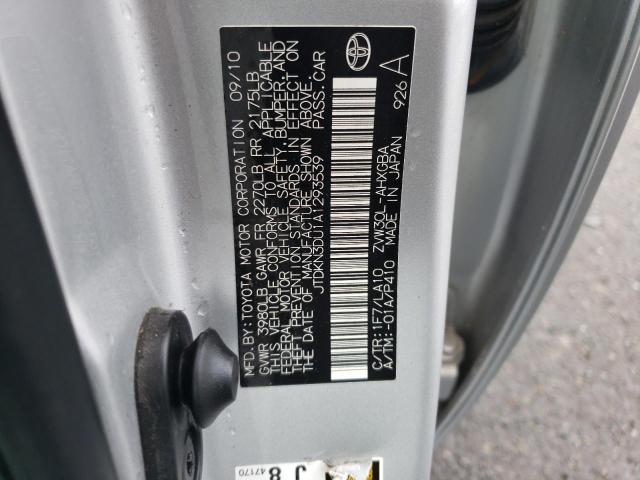 JTDKN3DU9A0234826 - 2010 TOYOTA PRIUS SILVER photo 12