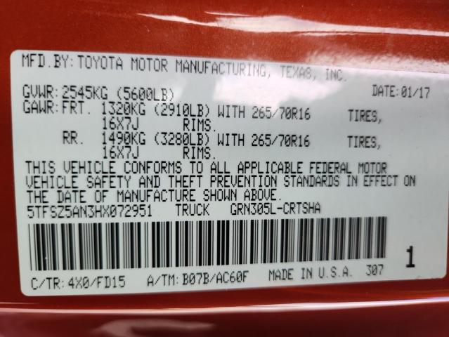 5TFSZ5AN3HX072951 - 2017 TOYOTA TACOMA ACCESS CAB Նարնջագույն լուսանկար 13