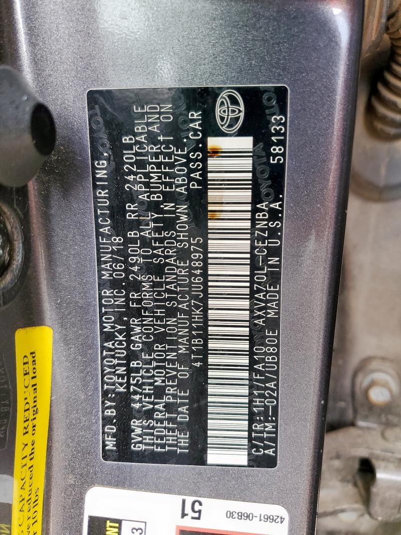 4T1B11HK7JU648975 - 2018 TOYOTA CAMRY L GRAY photo 12