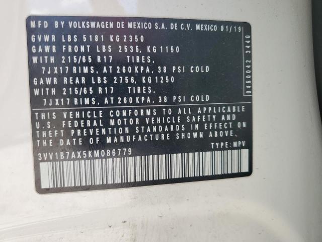 3VV1B7AX5KM086779 - 2019 VOLKSWAGEN TIGUAN S Beyaz fotoğraf 12