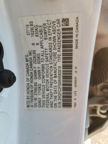 2HGFC2F6XKH580818 - 2019 HONDA CIVIC LX 白色 照片 12