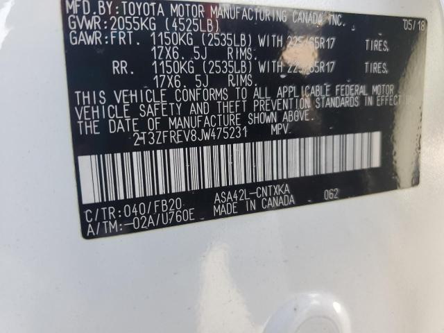 2T3ZFREV8JW475231 - 2018 TOYOTA RAV4 LE თეთრი ფოტო 12