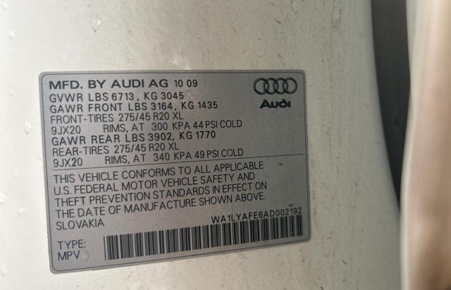 WA1LYAFE6AD002192 - 2010 AUDI Q7 PREMIUM PLUS Biały zdjęcie 10