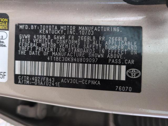 4T1BE30K94U809097 - 2004 TOYOTA CAMRY LE TAN photo 12