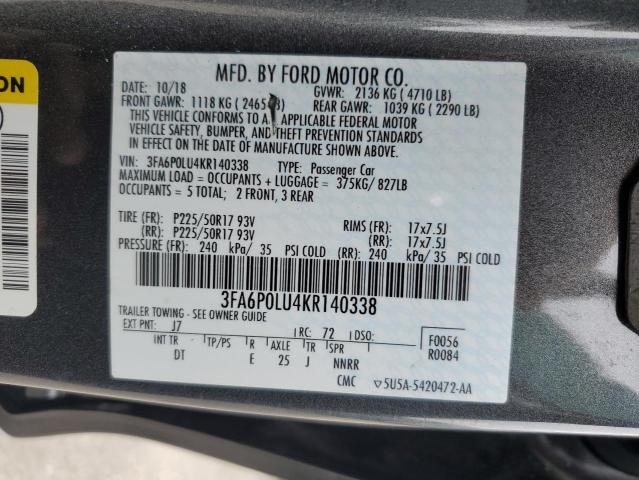 3FA6P0LU4KR140338 - 2019 FORD FUSION SE ნაცრისფერი ფოტო 12