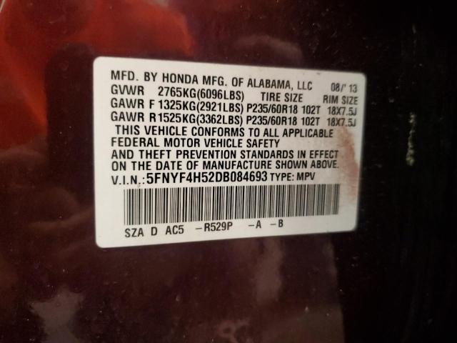 5FNYF4H52DB084693 - 2013 HONDA PILOT EXL MAROON photo 13