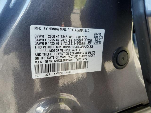 5FNYF6H5XLB011579 - 2020 HONDA PILOT EXL GRAY photo 13