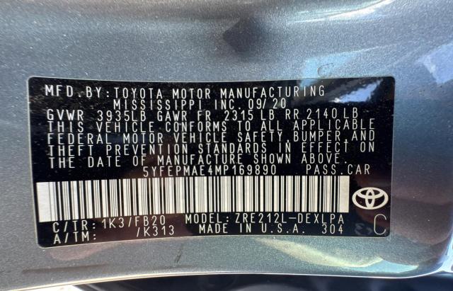 5YFEPMAE4MP169890 - 2021 TOYOTA COROLLA LE BLACK photo 10