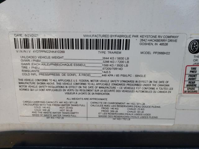 4YDTPPM22NK410269 - 2022 KEYSTONE PASSPORT თეთრი ფოტო 10